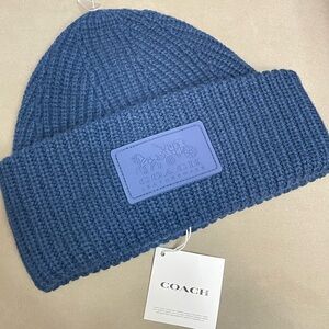 New COACH Patch Rib Knit Cuff Beanie Chalk Hat Off Blue One Size